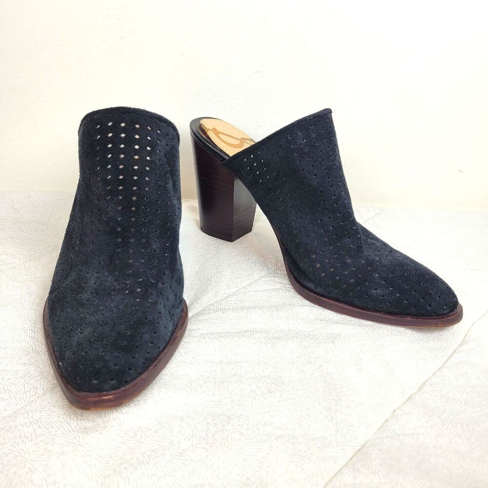 Sam Edelman Bates Black Suede Perforated Block Heel Mules Women's 9 boho western
